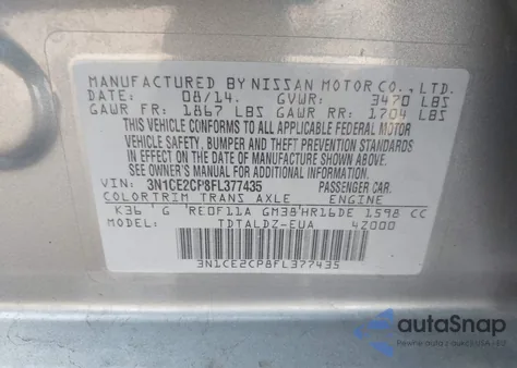 2015 Nissan Versa Note S (Sr)/S Plus/Sl/Sr/Sv из США, поврежденный, VIN 3N1CE2CP8FL377435